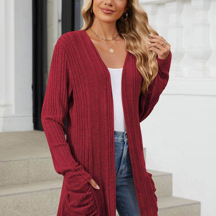 Pocketed Open Front Long Sleeve Cardigan - MimiStylez