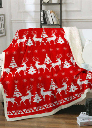 Plaid Red And White Deer And Fir Blanket With Christmas Design