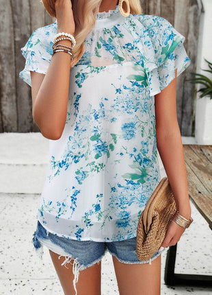 Printed Ruffled Mock Neck Blouse - MimiStylez