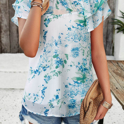Printed Ruffled Mock Neck Blouse - MimiStylez