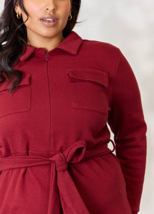 Culture Code Full Size Tie Front Half Zip Long Sleeve Shirt Dress - MimiStylez