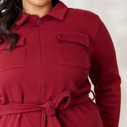 Culture Code Full Size Tie Front Half Zip Long Sleeve Shirt Dress - MimiStylez