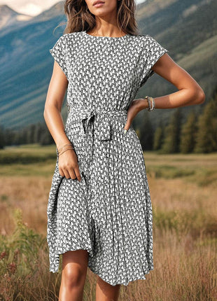Printed Cap Sleeve Tie Waist Dress - MimiStylez
