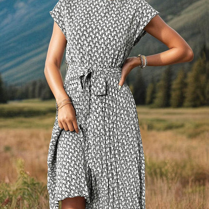 Printed Cap Sleeve Tie Waist Dress - MimiStylez