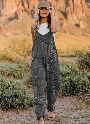 Full Size Printed V-Neck Sleeveless Jumpsuit - MimiStylez