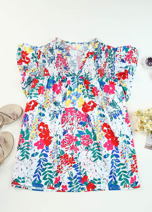 Plus Size Floral Smocked Flutter Sleeve Blouse - MimiStylez