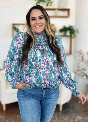 Double Take Full Size Printed Smocked Long Sleeve Blouse - MimiStylez