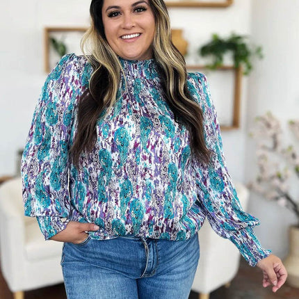 Double Take Full Size Printed Smocked Long Sleeve Blouse - MimiStylez