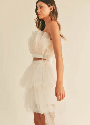 MABLE Tulle Tube Ruffle Crop Top and High Low Maxi Skirt Set - MimiStylez