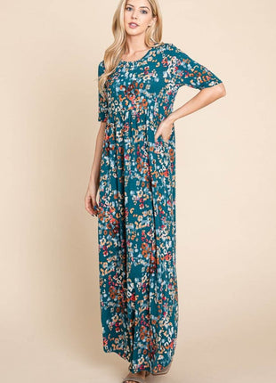 BOMBOM Printed Shirred Maxi Dress - MimiStylez