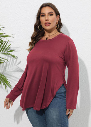 Plus Size Round Neck Long Sleeve Slit T-Shirt - MimiStylez
