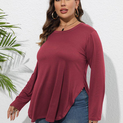 Plus Size Round Neck Long Sleeve Slit T-Shirt - MimiStylez