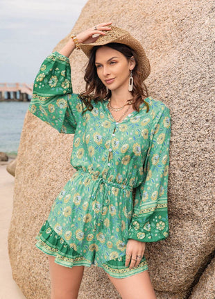 Printed Ruffled Balloon Sleeve Romper - MimiStylez