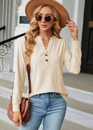 Notched Neck Long Sleeve Buttoned Blouse - MimiStylez