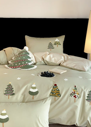 Christmas Tree Embroidery Cotton Four-piece Duvet Set