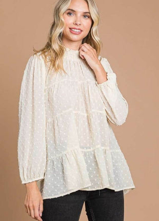 Culture Code Full Size Swiss Dot Smocked Mock Neck Blouse - MimiStylez