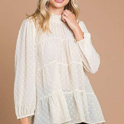 Culture Code Full Size Swiss Dot Smocked Mock Neck Blouse - MimiStylez