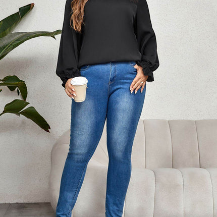 Plus Size Round Neck Flounce Sleeve Blouse - MimiStylez