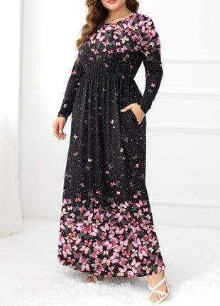 Plus Size Round Neck Maxi Dress with Pockets - MimiStylez
