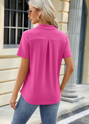 Pocketed Johnny Collar Short Sleeve Blouse - MimiStylez