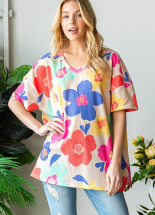 HOPELY Full Size Floral V-Neck Side Slit T-Shirt - MimiStylez