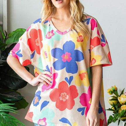 HOPELY Full Size Floral V-Neck Side Slit T-Shirt - MimiStylez