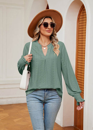 Notched Neck Flounce Sleeve Blouse - MimiStylez