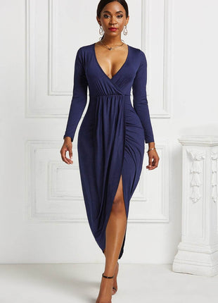 High-low Ruched Surplice Long Sleeve Dress - MimiStylez