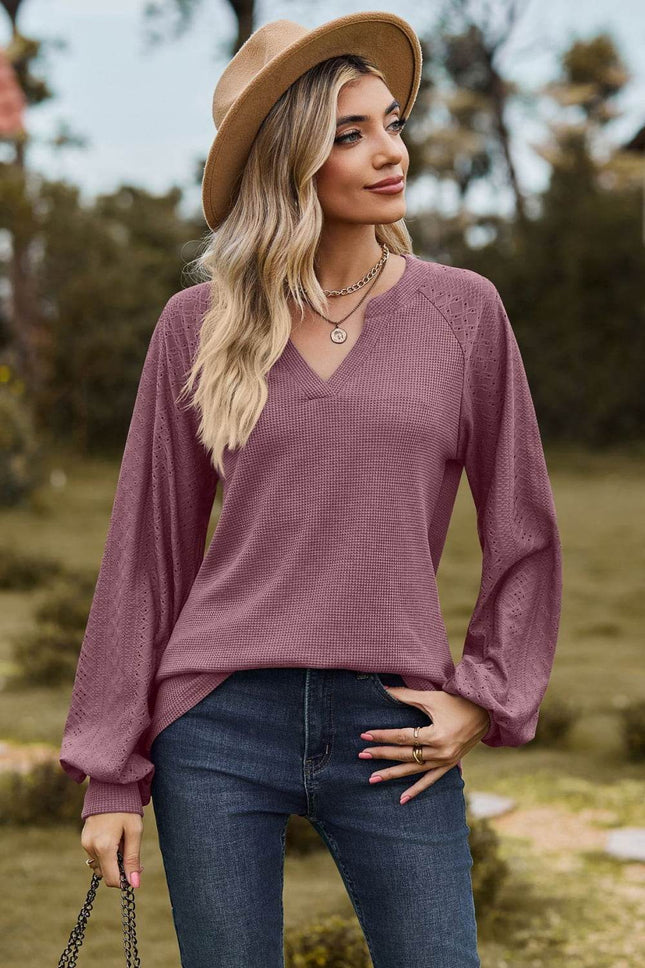 Notched Neck Raglan Sleeve Blouse - MimiStylez