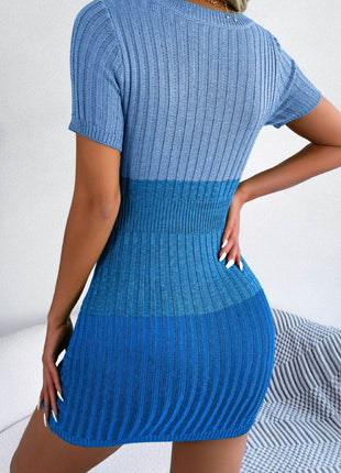 Color Block Cutout Short Sleeve Sweater Dress - MimiStylez