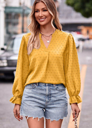 Swiss Dot Notched Neck Flounce Sleeve Blouse - MimiStylez