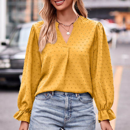 Swiss Dot Notched Neck Flounce Sleeve Blouse - MimiStylez