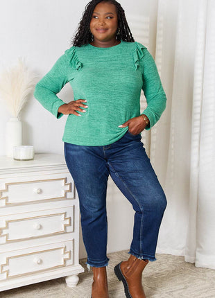 Double Take Ruffle Shoulder Long Sleeve T-Shirt - MimiStylez