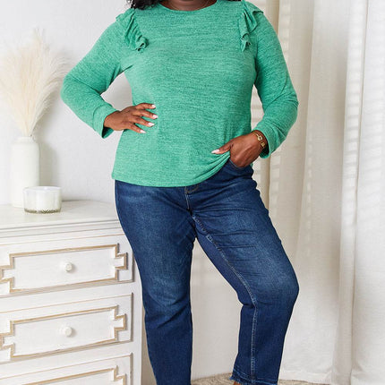 Double Take Ruffle Shoulder Long Sleeve T-Shirt - MimiStylez