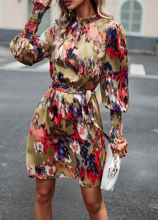 Printed Tie Waist Mock Neck Lantern Sleeve Dress - MimiStylez
