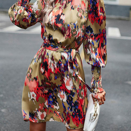 Printed Tie Waist Mock Neck Lantern Sleeve Dress - MimiStylez