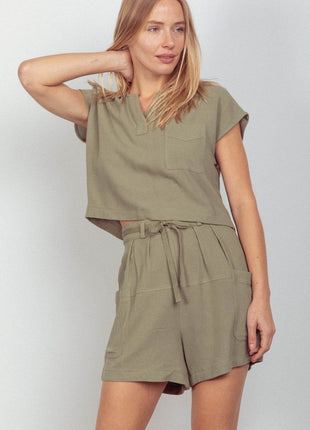 VERY J Woven Cropped Top & Waist Tie Shorts Set - MimiStylez