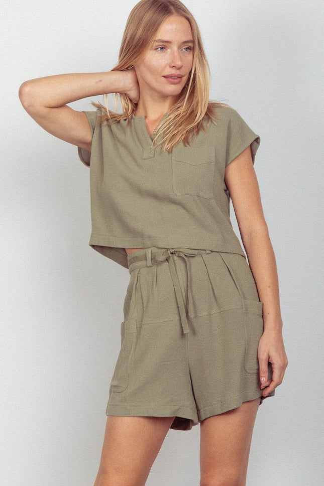 VERY J Woven Cropped Top & Waist Tie Shorts Set - MimiStylez