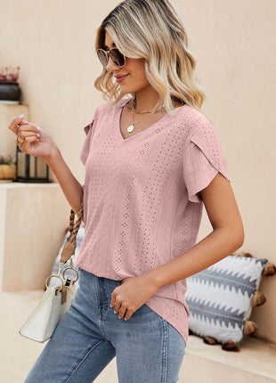 Eyelet Petal Sleeve V-Neck Knit Top - MimiStylez