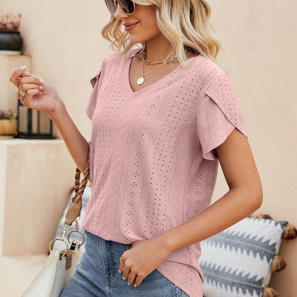 Eyelet Petal Sleeve V-Neck Knit Top - MimiStylez