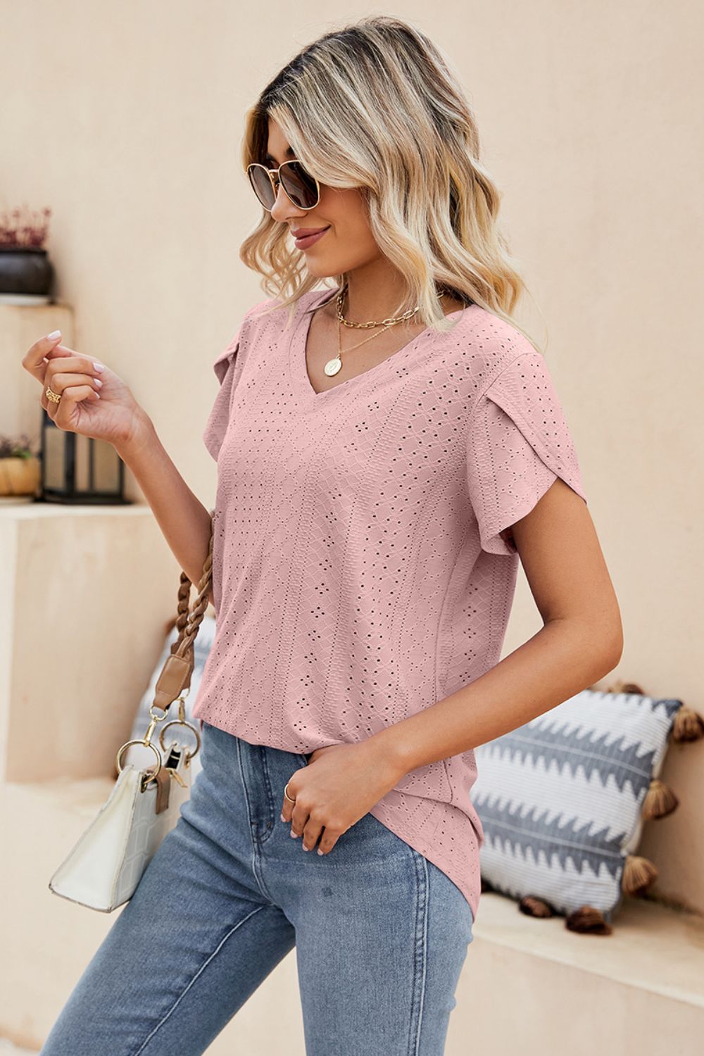 Eyelet Petal Sleeve V-Neck Knit Top