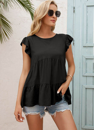 Round Neck Flutter Sleeve Tiered Blouse - MimiStylez