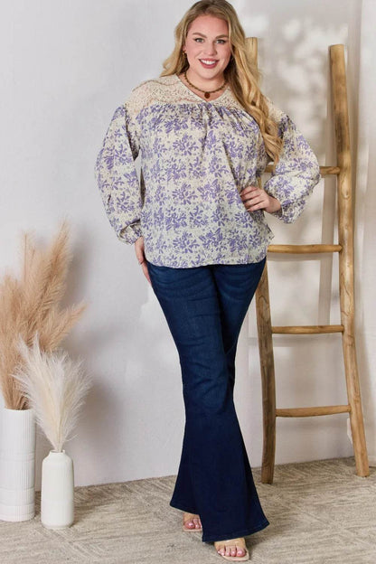 Hailey & Co Full Size Lace Detail Printed Blouse - MimiStylez