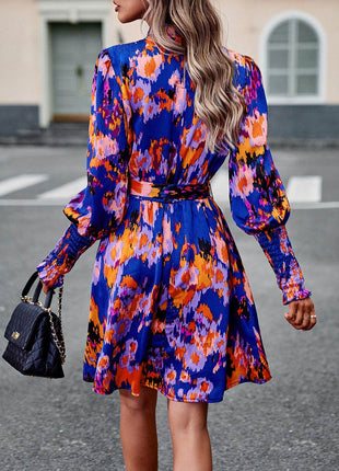 Printed Tie Waist Mock Neck Lantern Sleeve Dress - MimiStylez