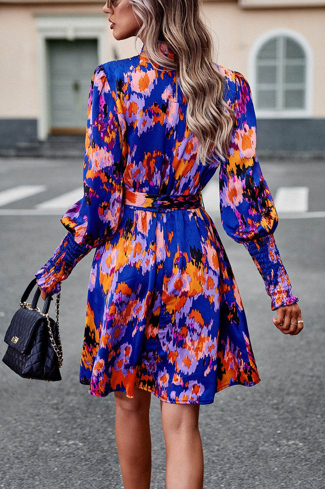 Printed Tie Waist Mock Neck Lantern Sleeve Dress - MimiStylez
