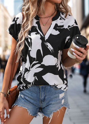 Printed Notched Short Sleeve Blouse - MimiStylez