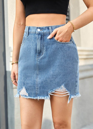 Distressed Raw Hem Denim Skirt - MimiStylez