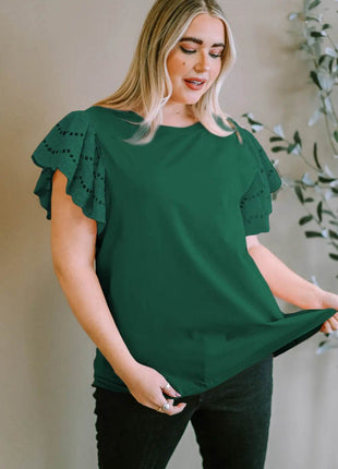 Plus Size Eyelet Round Neck Short Sleeve Blouse - MimiStylez