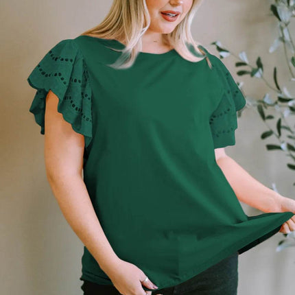 Plus Size Eyelet Round Neck Short Sleeve Blouse - MimiStylez