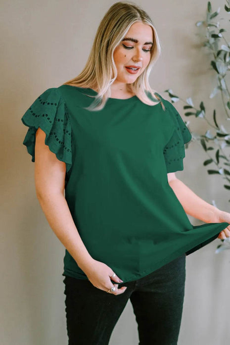 Plus Size Eyelet Round Neck Short Sleeve Blouse - MimiStylez